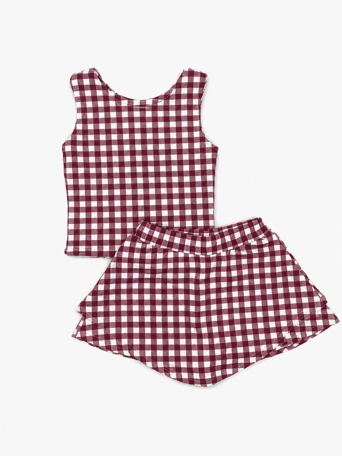 Printed Athletic Skirt Set - Maroon Gingham