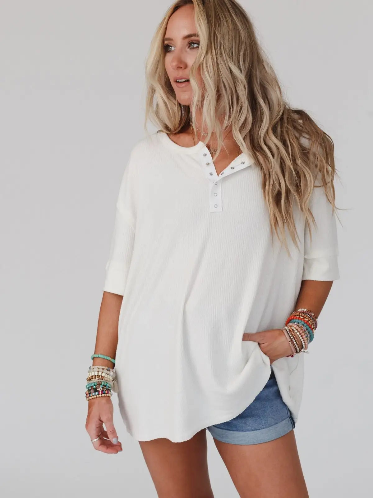 Ribbed Henley Top | Ivory