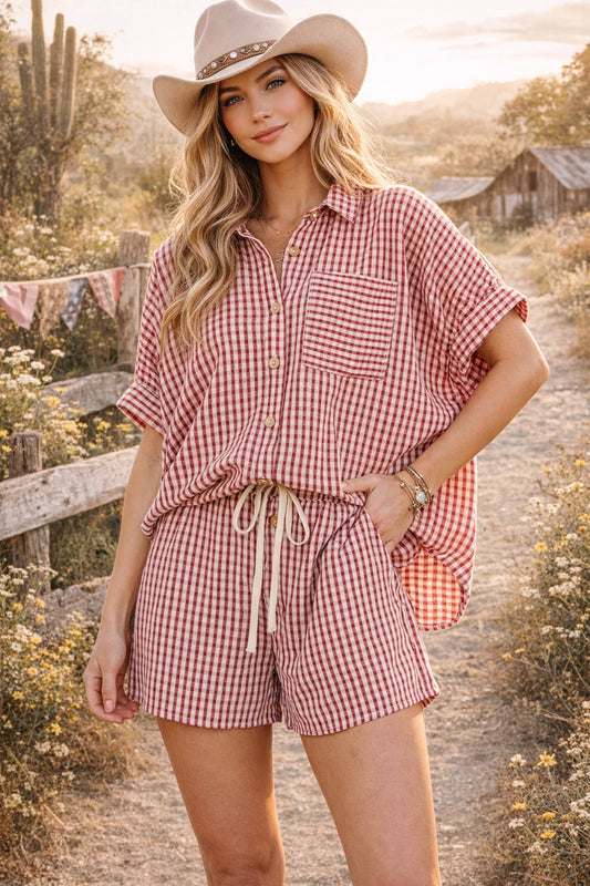 Red Gingham Button Down Set