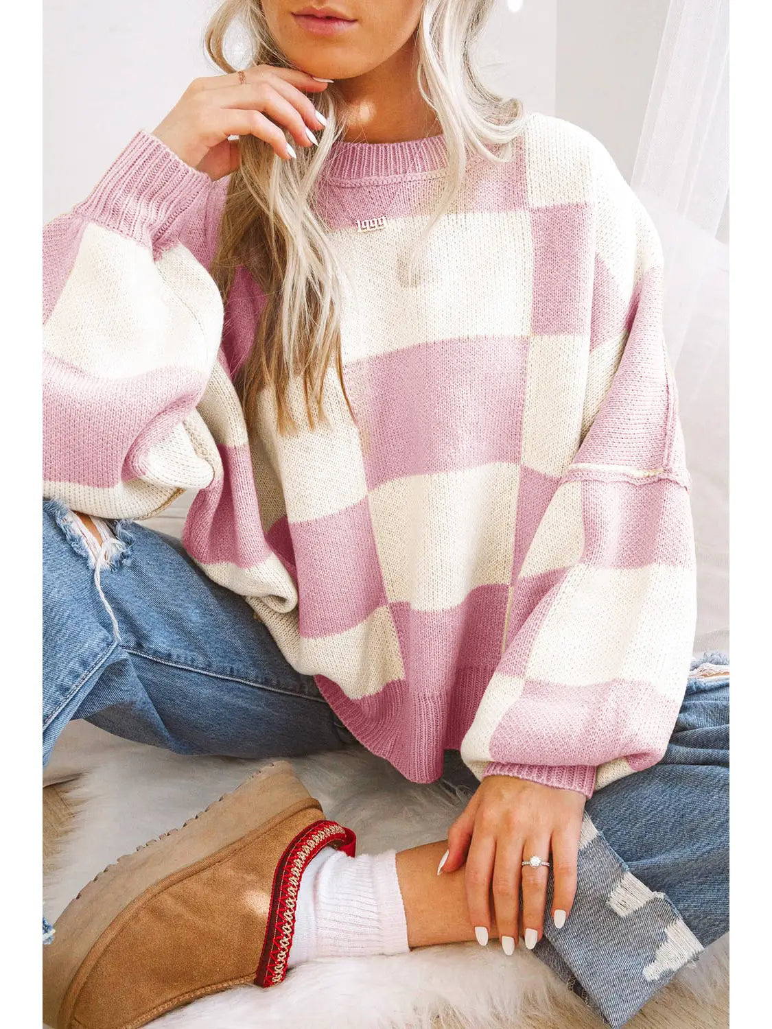 Checkered Bishop Sleeve Sweater | Pink