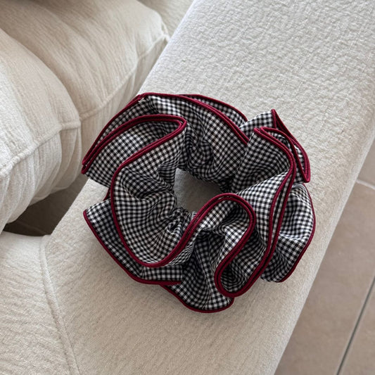 Gingham Ruffle Scrunchie| Maroon Trim