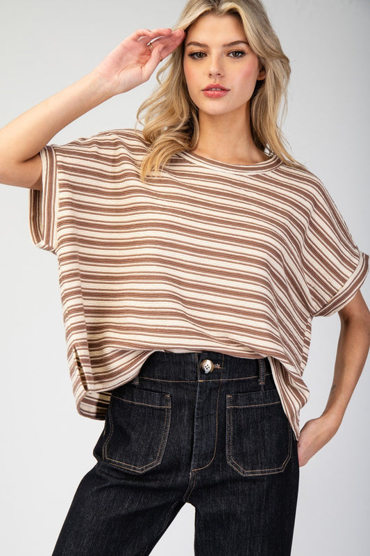 Striped Short Sleeve Textured Top