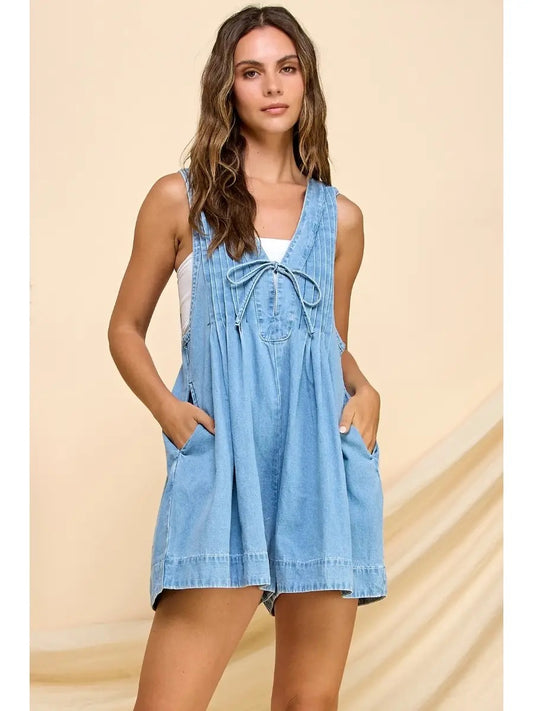 Front Pleated V Neck Sleeveless Denim Romper